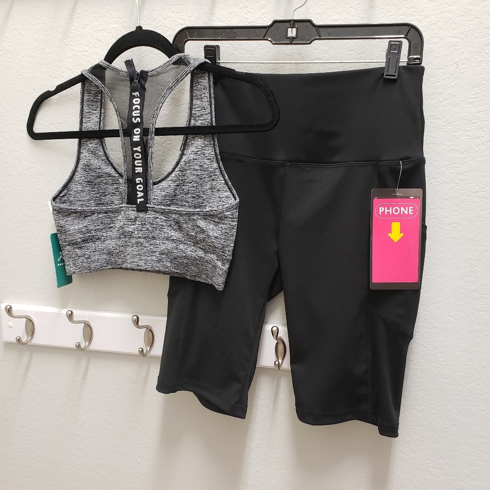NWT Kapion 2 PC Workout Sports Bra & Shorts Gray